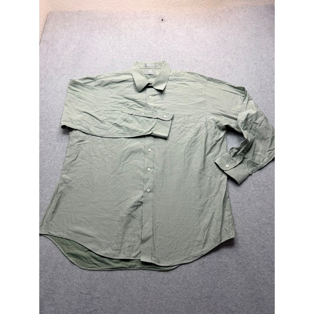 Stafford Executive Mens Dress Shirt 18 36 Green Herringbone Cotton Long Sleeve